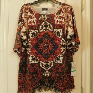 LARK LANE Fall Festival Boho Tunic Top Medallion Sweater Fringe Womens L
